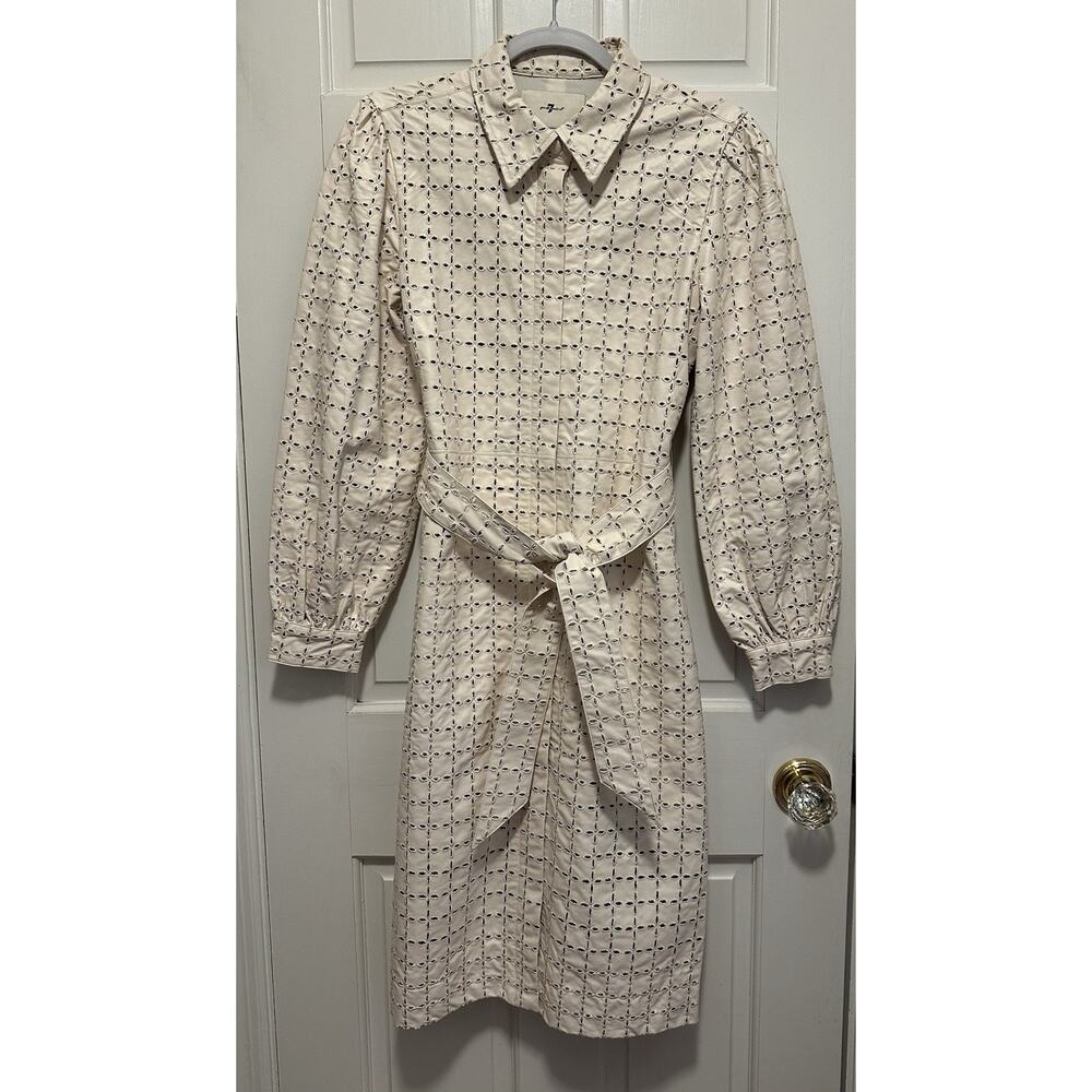 7 For All Mankind Ivory Eyelet Faux Leather Midi Shirt Dress Belted Size S